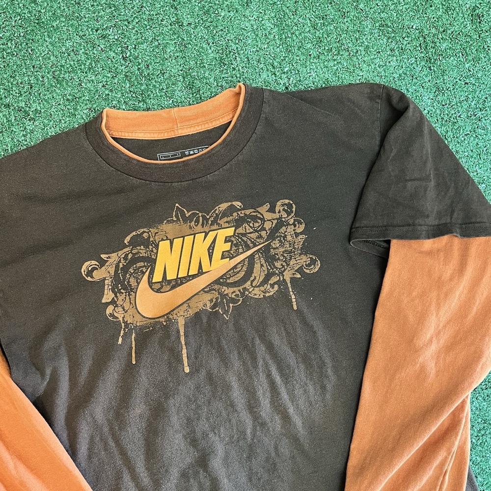 Vintage Y2K Nike Long Sleeve Orange Brown Layered Graffiti Graphic Shirt Size L